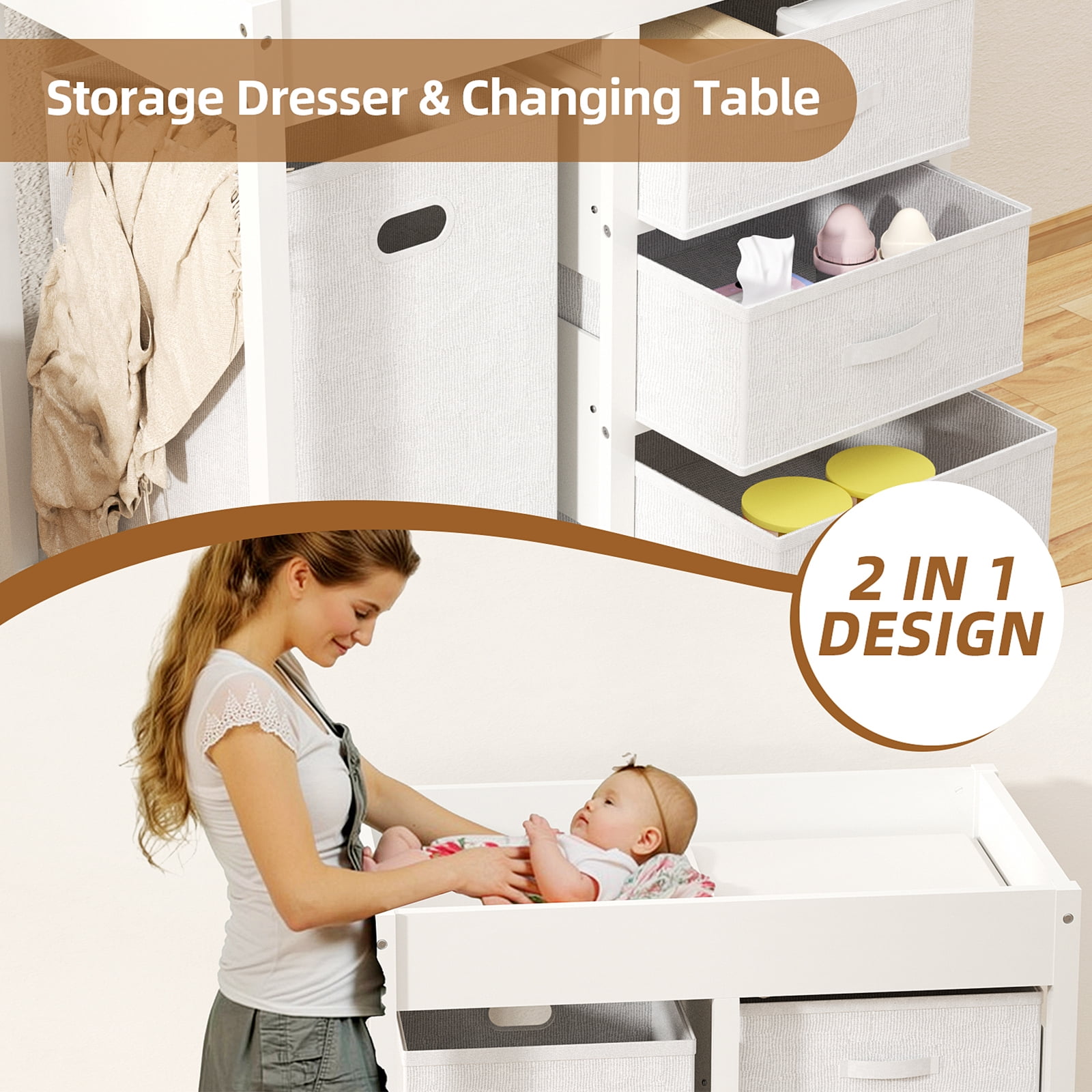GLAF Baby Changing Table for Nursery - Diaper Changing Station with Laundry Hamper, 3 Storage Drawers, Changing Pad, and Safety Belt, White