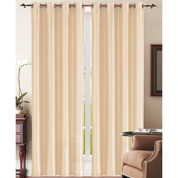 Qutain Linen Faux Silk Grommet Curtain Window Panel Solid Set of Two (2