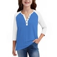 thumbnail image 5 of Cowsor Girl's Casual 3/4 Sleeve T Shirts Button V Neck Tunic Blouses Color Block Basic Tee Tops Loose Fit Summer Shirt, 5 of 6