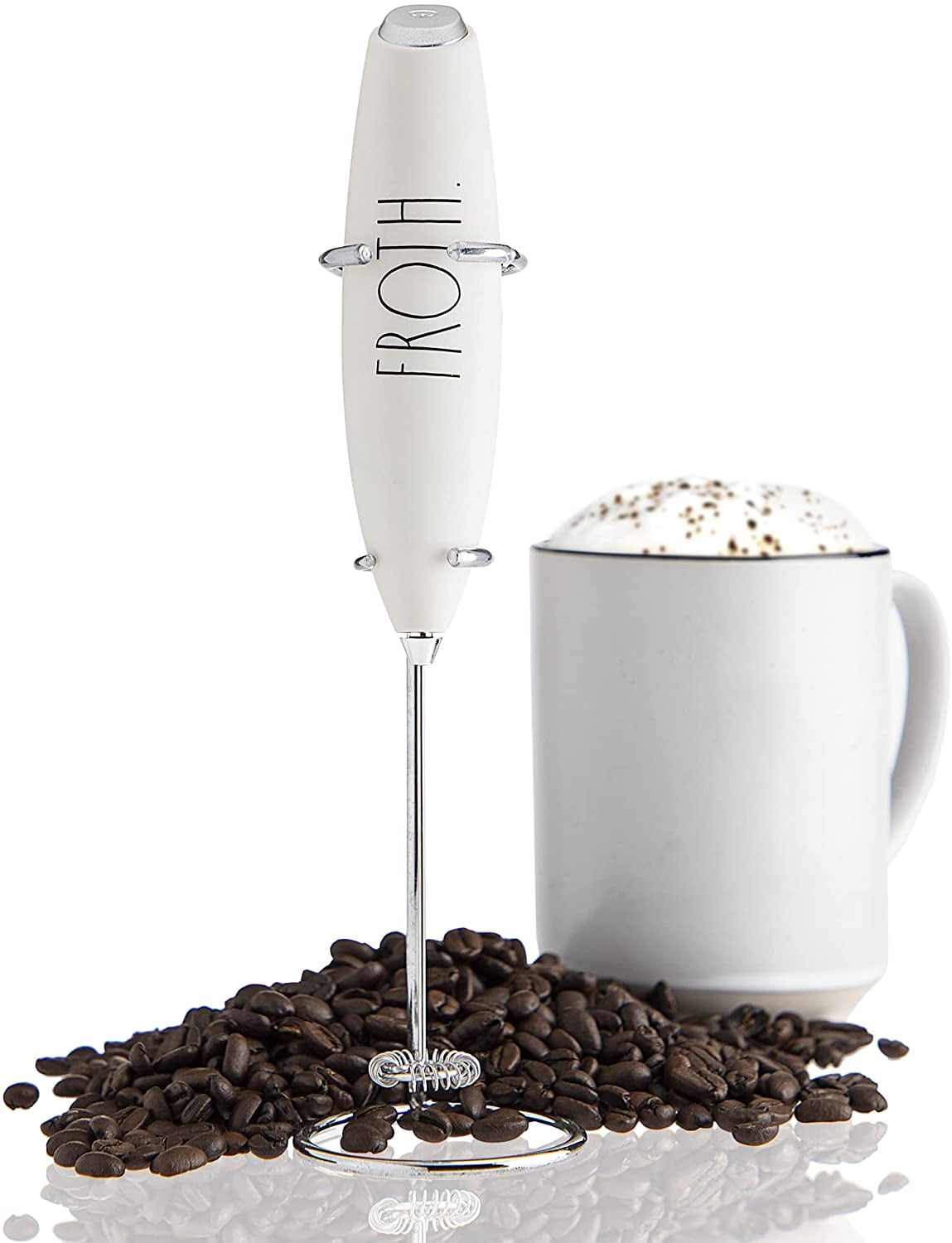 Rae Dunn Handheld Electric Milk Frother with Stand, White 