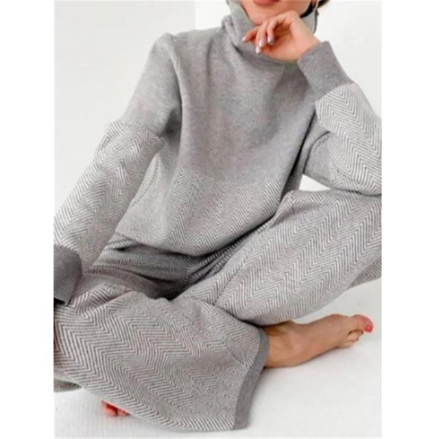 Conjuntos de ropa para mujer, ropa de salón elegante, jersey de retales con estampado, Top de cuello alto, pantalones de pierna ancha, ropa de calle para mujer