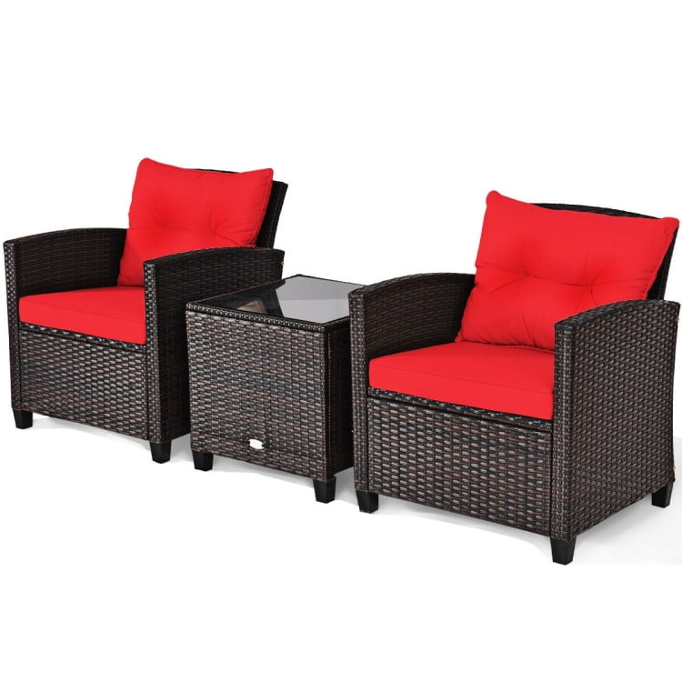 Aimee Lii 3 Pieces Wicker Patio Furniture Set, Coffee Table Cushioned Sofa, Modern Patio Furniture, Red Aimee Lii 3 Pieces Wicker Patio Furniture Set, Coffee Table Cushioned Sofa, Modern Patio Furniture, Red