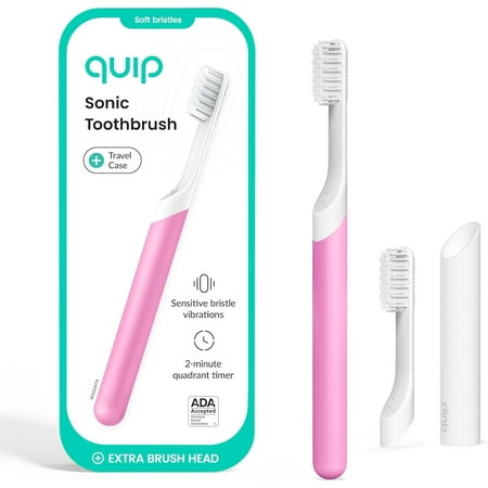 Quip Adult Electric Toothbrush Full Head Built in Timer plus Travel Case Magenta Plastic