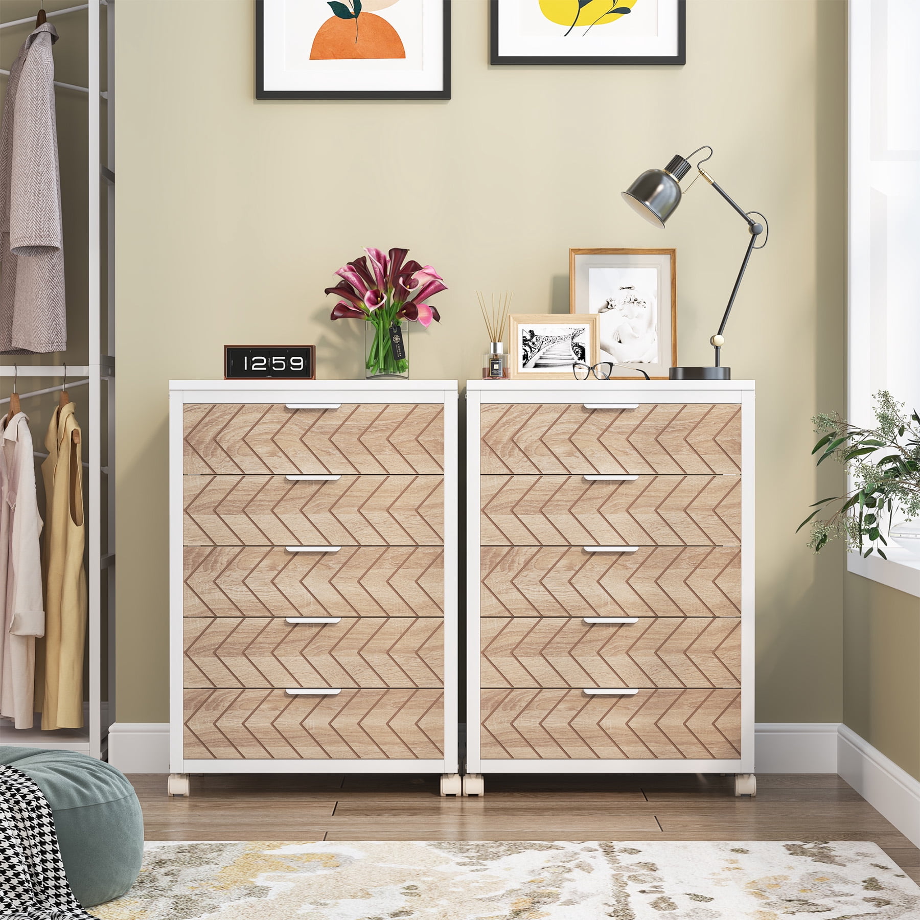 Tribesigns 5-Drawer Industrial Storage Organizer Wood Chest Dresser with Wheels, Beige & White