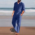 thumbnail image 2 of USNSM Men's Casual Cotton Linen T-Shirt&Pants 2 PC Sets V-Neck Long Sleeve Pullover Shirt & Lace-Up Elastic Waist Straight Leg Long Trouser Homewear Suits Beach Vacation Outfit Blue S, 2 of 9