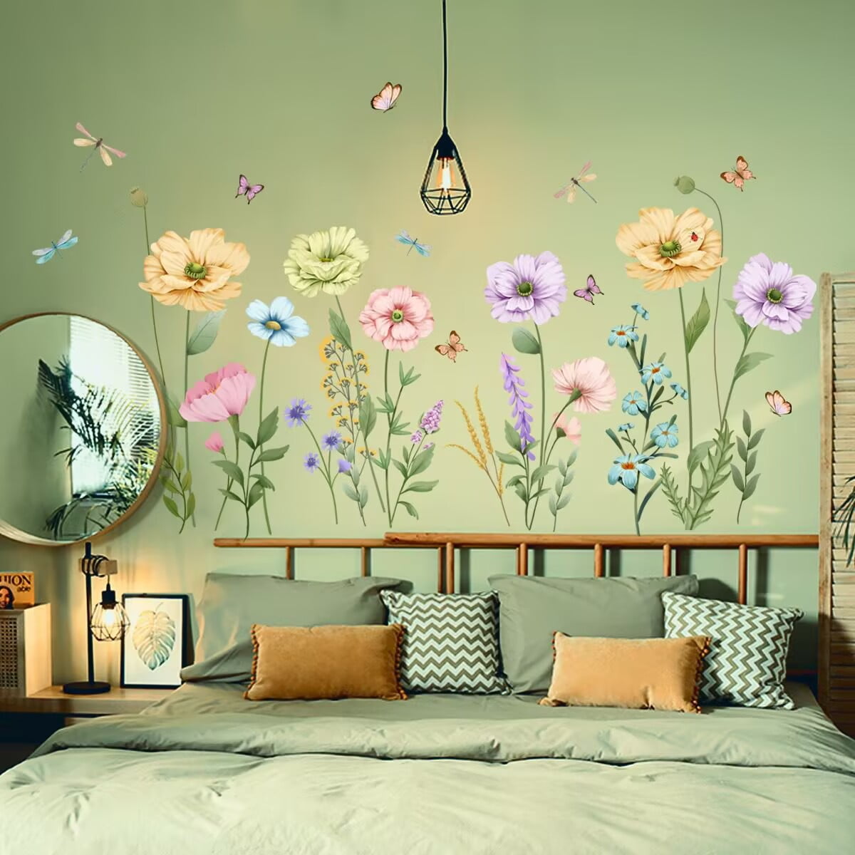 Removable 3D Colorful Flowers Wall Decals Fresh Daisy Flower Butterfly Wall Stickers DIY Peel and Stick Watercolor Floral Green Leaf Plants Dragonfly Decor for Kids Girls Bedroom Living Room Nursery