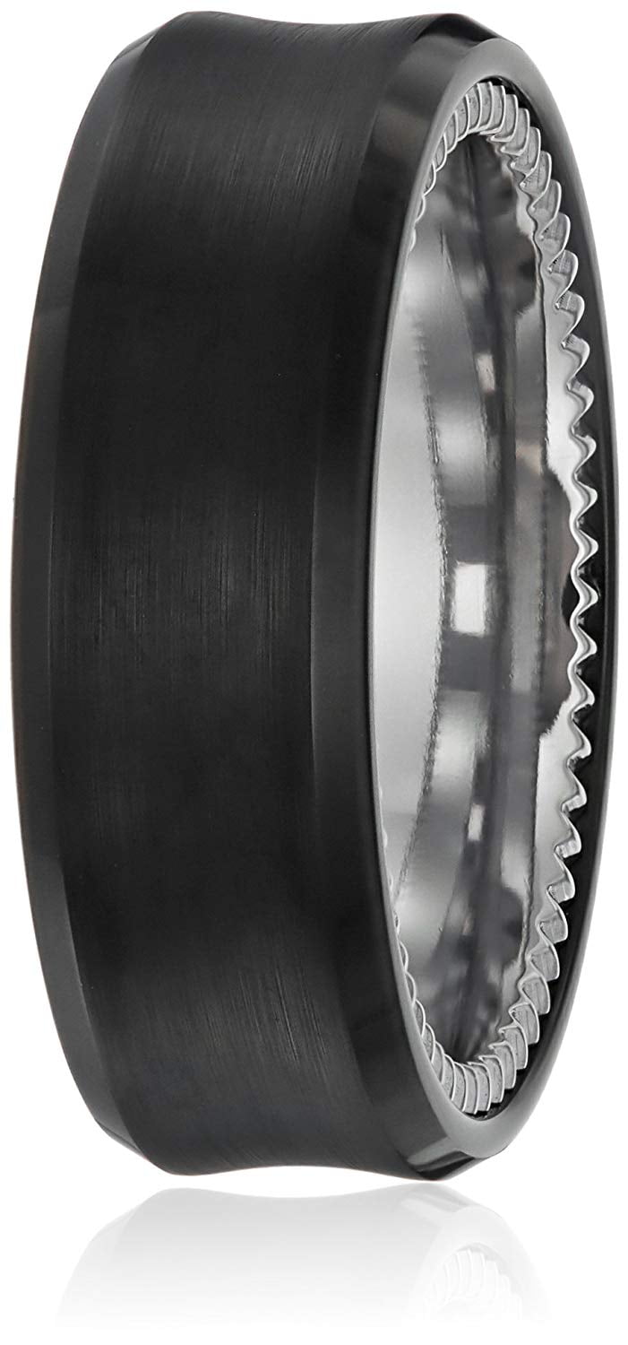 Sapphire Tungsten 8mm Black Finish with Beveled Edge, Titanium Interior, Groove Pattern Comfort Fit Wedding Bands Rings for Men, Size 10