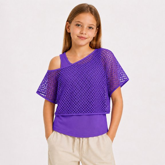 Girls 2-in-1 Mesh Cold Shoulder Top Kids Short Sleeve Layered T-Shirt with Solid Tank Inner and Breathable Fishnet Cover Casual Fashion Tee for Daily Outdoor Party Wear(Purple,12-13 Years)