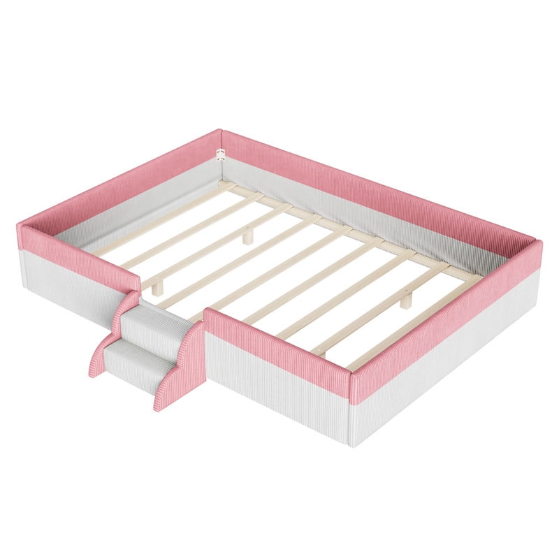 Full Size Upholstered Floor Bed with Fence, 2-Tier Steps and Smart LED Lights, Corduroy Platform Bed with Safety Guardrails, Kids Montessori Bed for Boys Girls