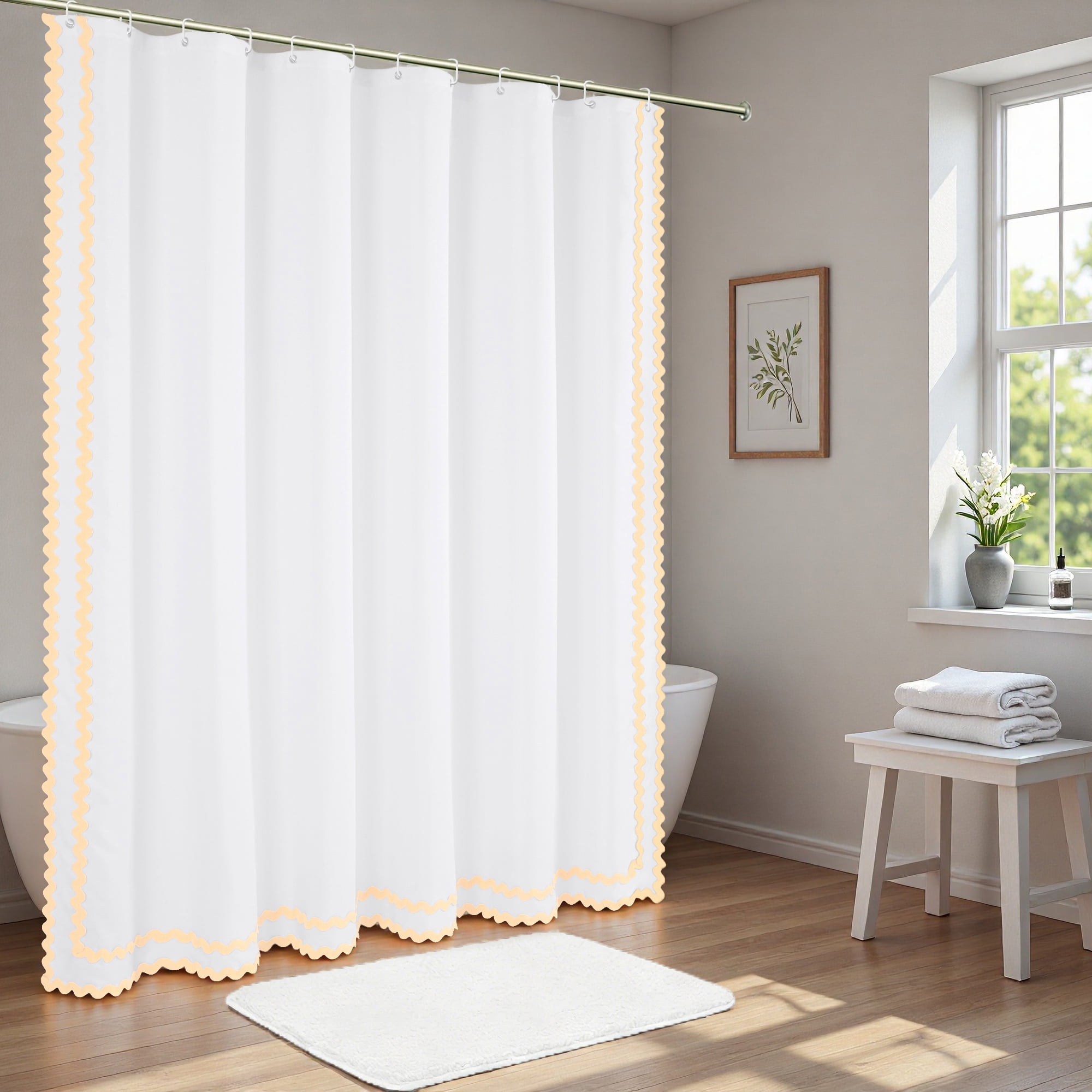 FRAMICS Beige Scalloped Shower Curtain Sets with Rug, 14 Piece Fabric Bathroom Sets with Hooks, Heavy-Duty & Waterproof, 72" x 72"