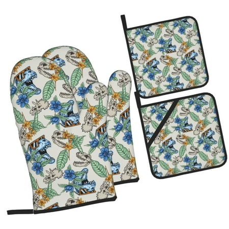 

Tebeau Dinosaurs And Leaves Print 4 Pcs Oven Mitts and Pot Holders 500°F High Heat Resistant Kitchen Oven Mitts with Pot holders Long Oven Mitts for Baking and Cooking