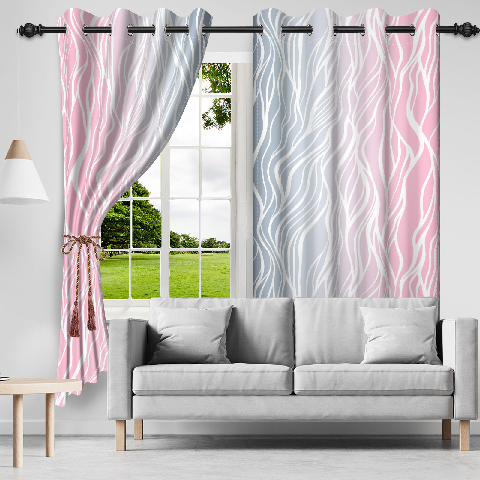 Nanqianyi Ombre Pink and Grey Blackout Curtains for Bedroom, White Wave Striped Gradient Thermal Insulated Drapes with Grommet, 2 Panels, 42x84 inches