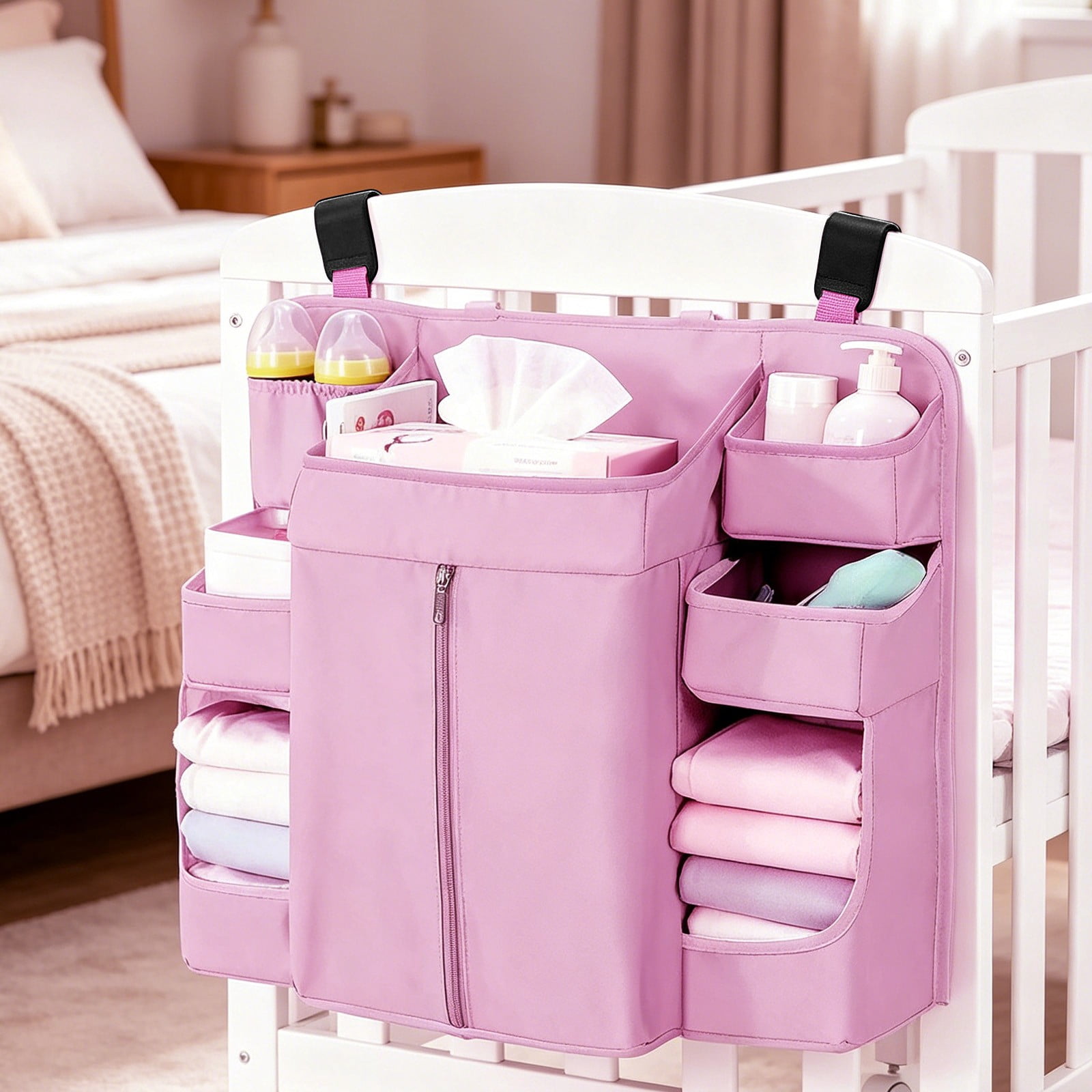 Hanging Crib Organizer with Multi-Pockets, Baby Diaper Caddy Storage Bag, Washable Nursery Organizer for Diapers, Bottles, Wipes and Baby Essentials Pink