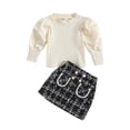 thumbnail image 1 of Faithtur 2PCS Toddler Girls Fall Outfits, Long Lantern Sleeve Ribbed Knit Tops + Tweed Skirt Set, 1 of 9