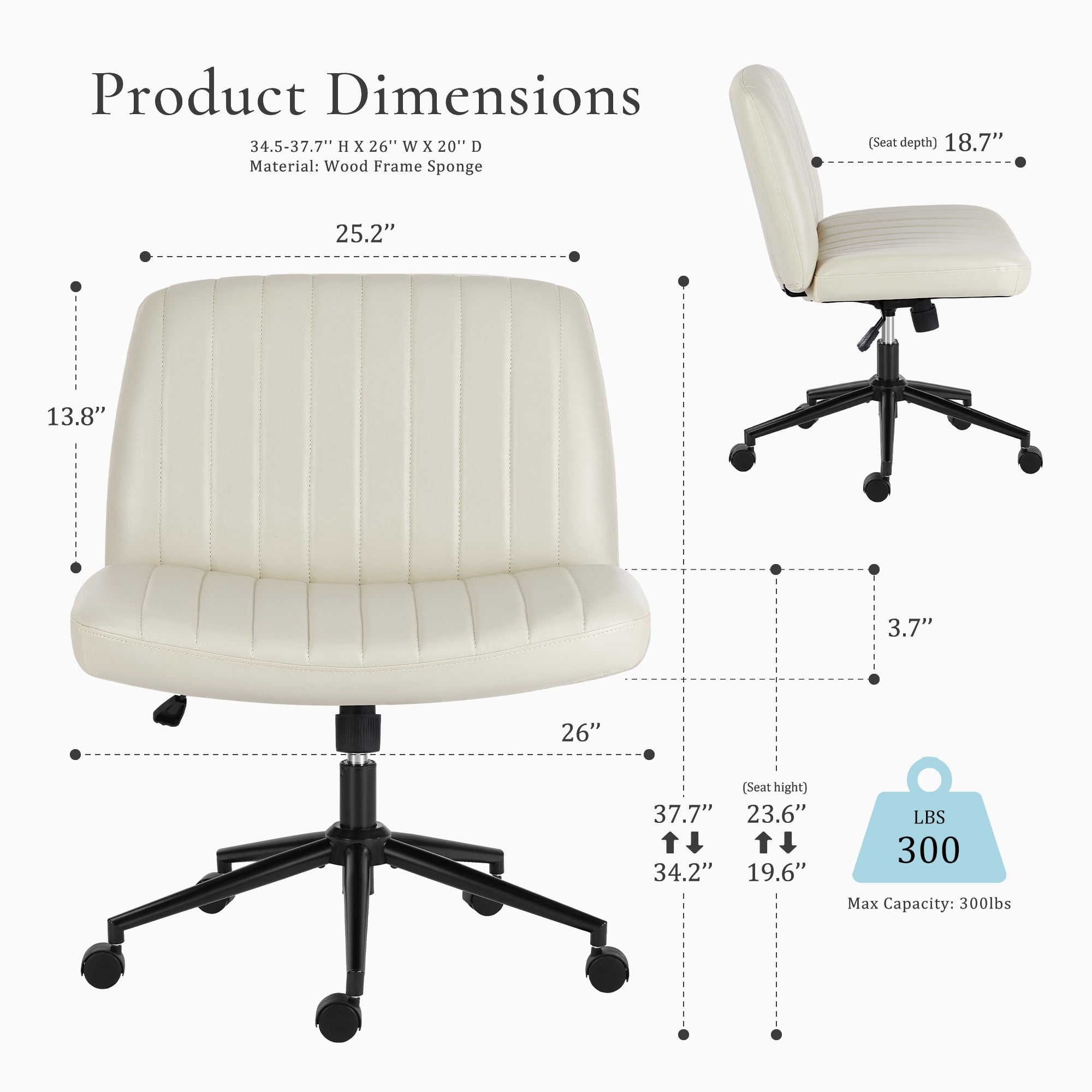 Armless Criss Cross Legged Office Chair, Desk Chair With Wheels, PU Leather, Beige