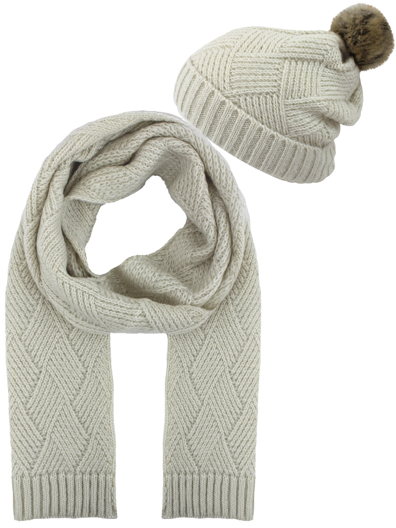 Ivory Diamond Knit Matching Beanie Cap 