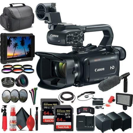 Canon XA11 Compact Full HD Camcorder with HDMI and Composite Output (PAL) (2218C003) + 4K Monitor + Pro Mic + 2 x 64GB Memory Card + 3 x BP820 Battery + BP820 Charger + Color Filter Kit + More
