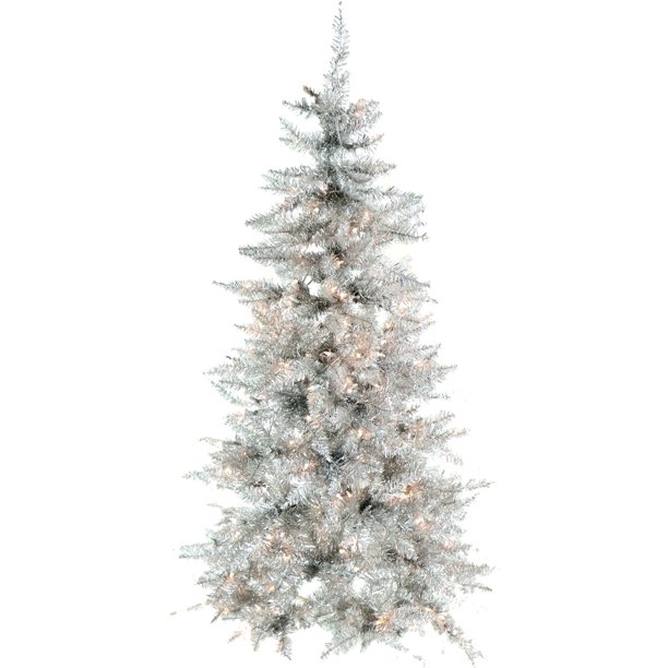 Fraser Hill Farm 7Ft. Festive Silver Tinsel Christmas Tree with Clear