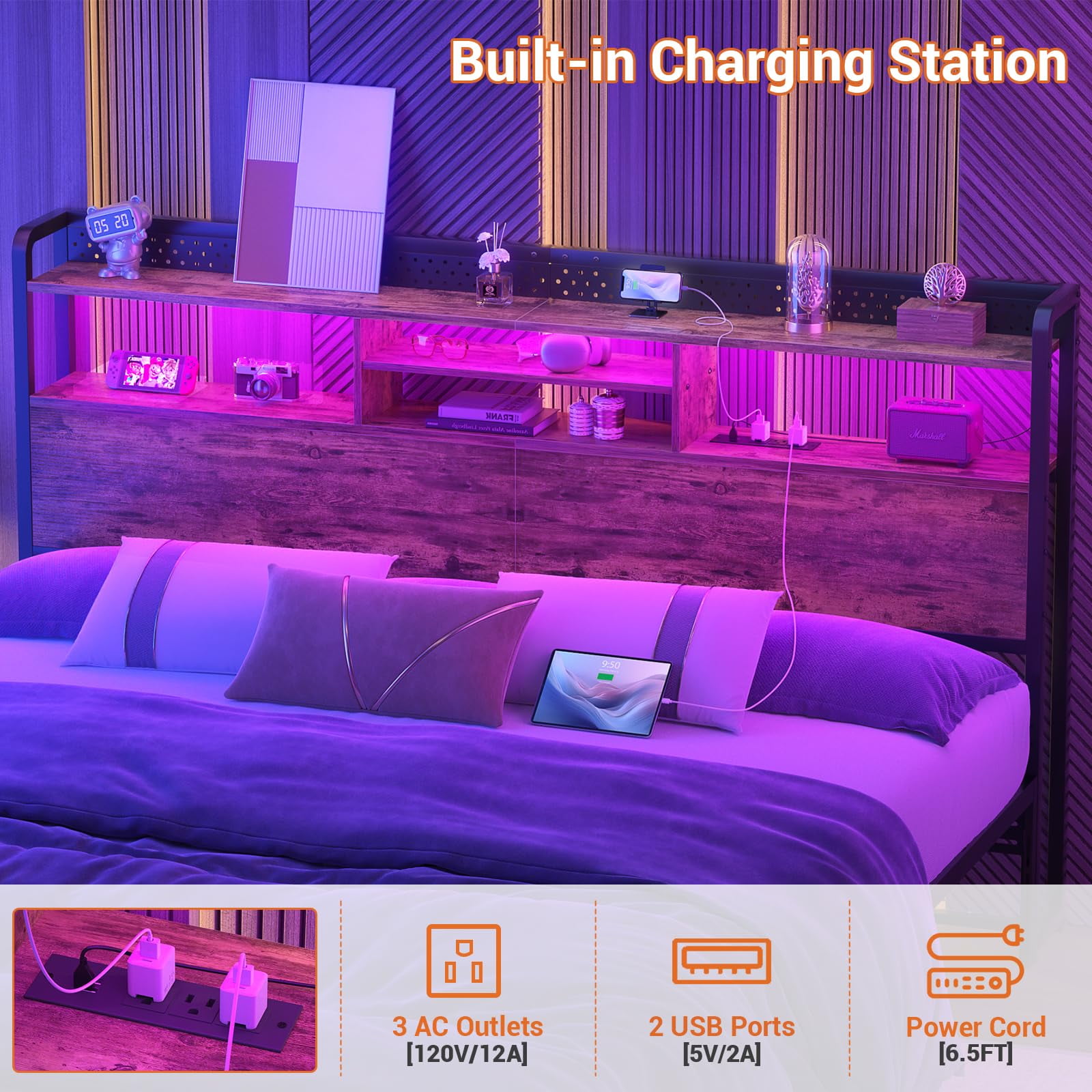 Homieasy Headboard for King Size Bed with Storage Shelf, Head board with 3 Outlets and 2 USB Ports, Headboards with RGB LED Light, Height Adjustable, Sturdy and Stable, Easy Assembly, Rustic Brown