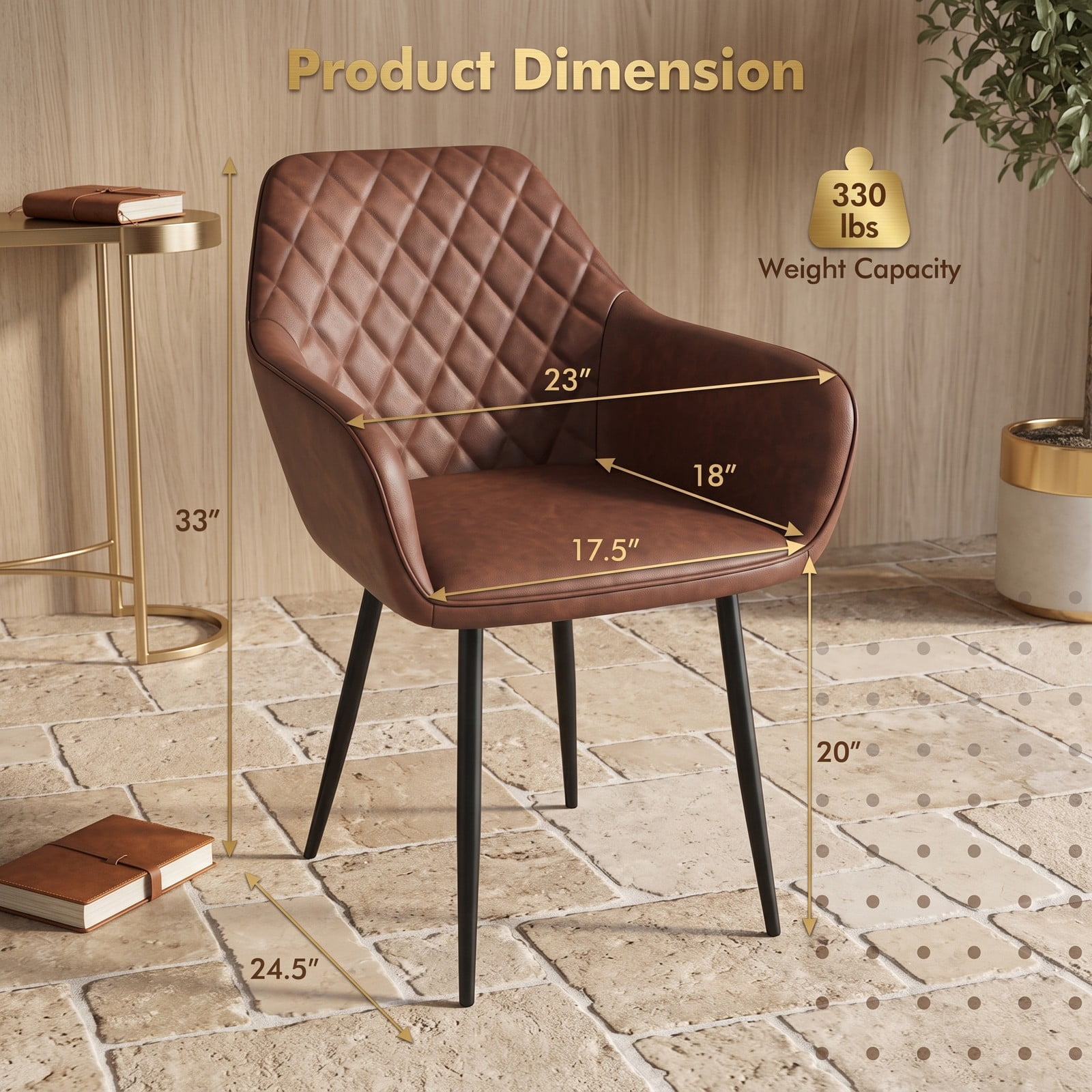 Furnibear Upholstered Dining Chairs Set of 2, Fabric Accent Armchair with Curved Backrest, Wide Padded Seat and Metal Frame for Kitchen Living Room, Coffee