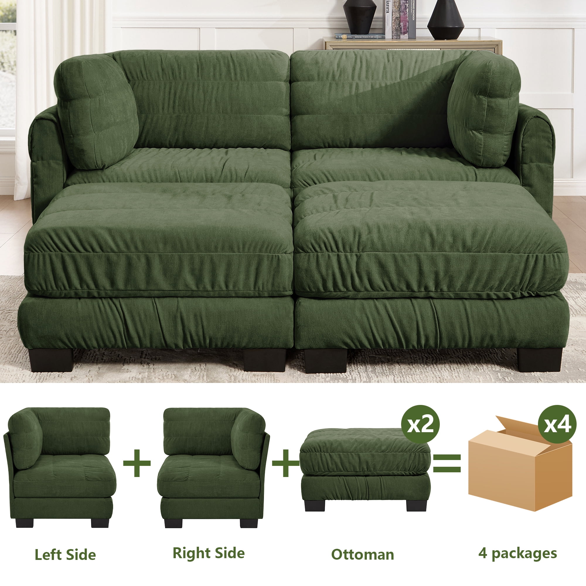 78" 2 Seat Chenille Modular Sectional Sofa with 2 Movable Ottoman and L Shape Back Cushions,Easy Assembly