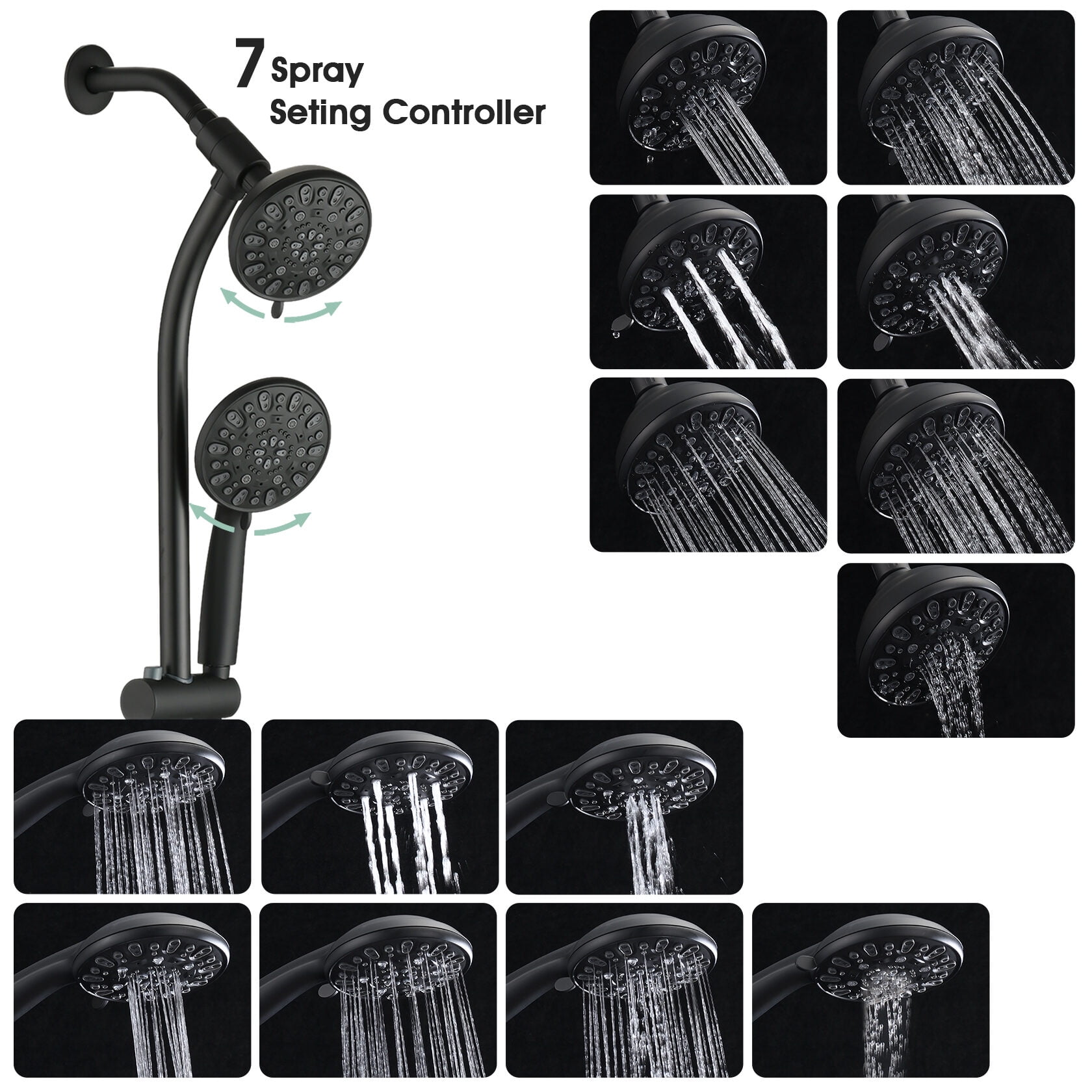 Drill-Free Stainless Steel Slide Bar Combo Rain Showerhead 7-Setting Hand,Dual Shower Head Spa System,Matte Black Abs Bath Faucets Freestanding Tub Faucets