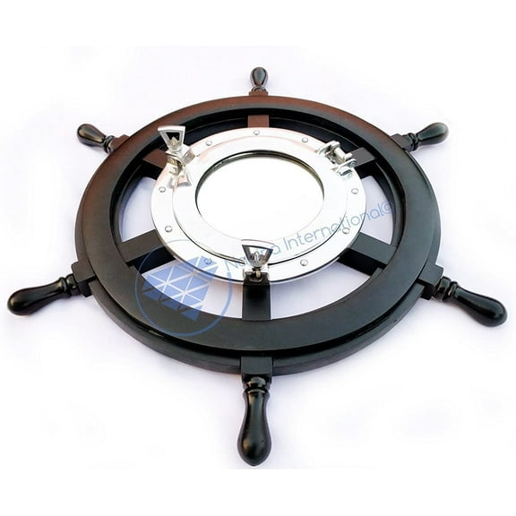 Wooden Ship Wheel (Full Black Painted) - Aluminum Porthole Mirror (Nickel Polished) - (48 Inches)