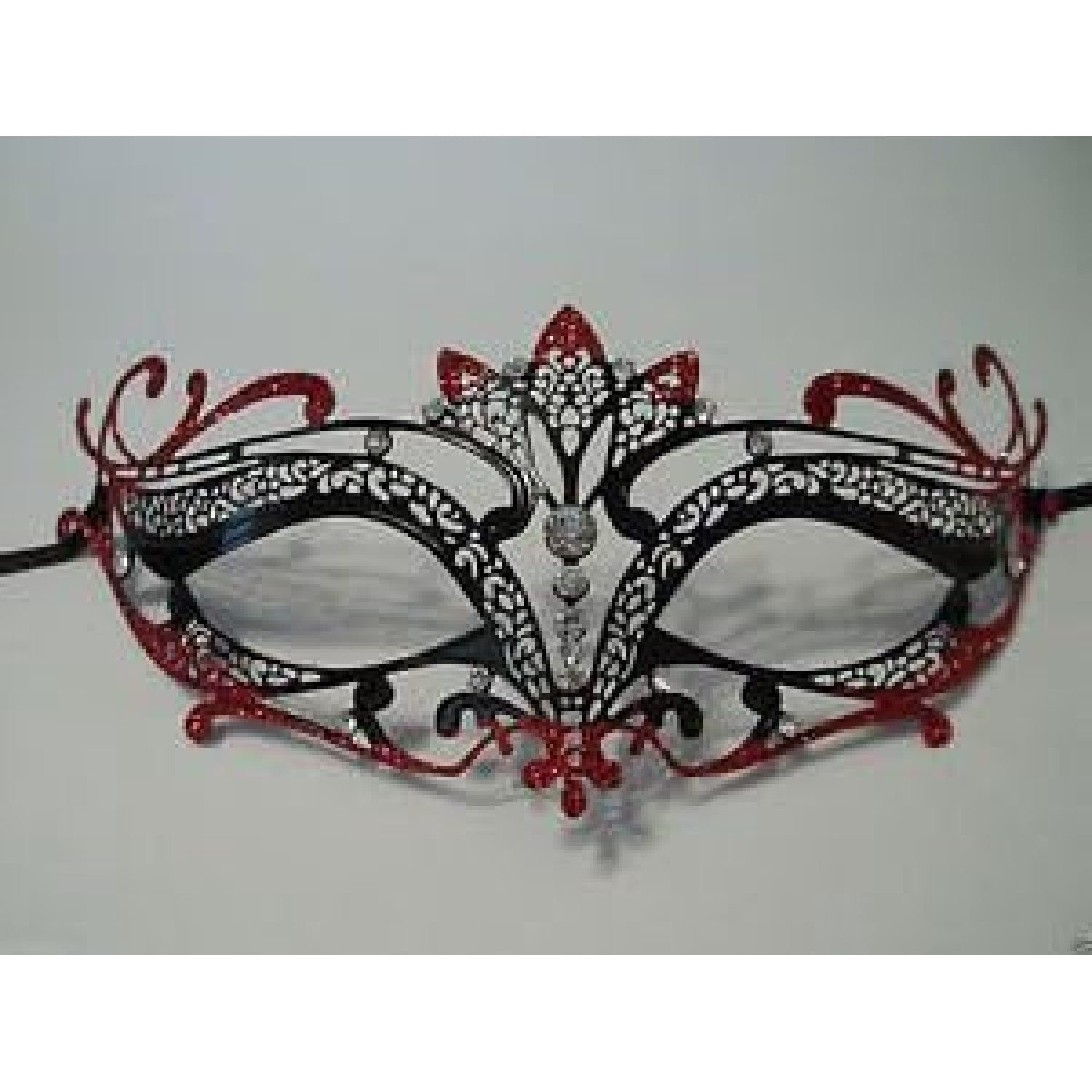 Black Red Crystal Crown Laser Cut Mask Prom Metal Filigree