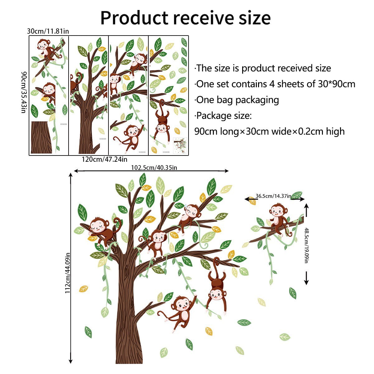 Monkey Climbing Tree Wall Decals Monkey wall decal Jungle Animals Wall Stickers Green Tree Vine Wall Decal Peel and Stick Wall Stickers Kids Baby Nursery Girl Boy Bedroom Playroom Wall Decor