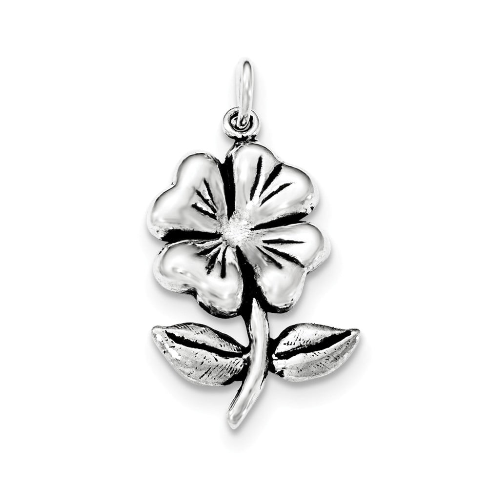 White Sterling Silver Charm Pendant Antiqued Flower On Stem With