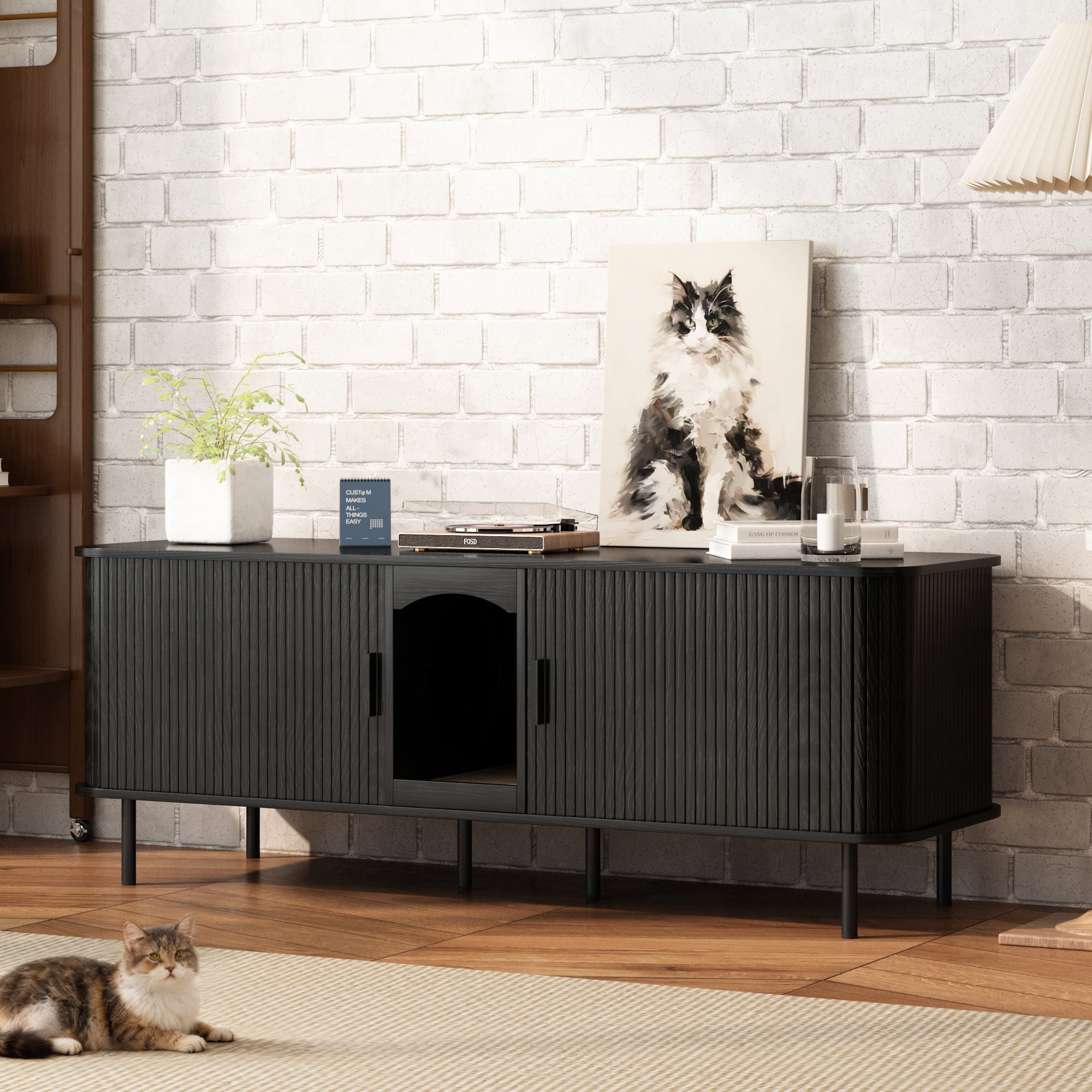 PieDle 59'' Large Cat Litter Box Enclosure with Sliding Tambour Door, Hidden Litter Box Furniture, Wood Cat Litter Box Cabinet with Cat Scratch Pad