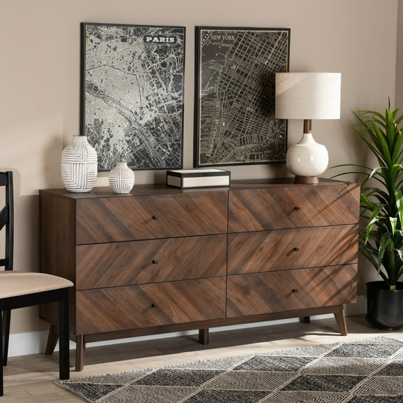 Baxton Studio Hartman Mid-Century Modern Walnut Brown Finished Wood 6-Drawer Dresser
