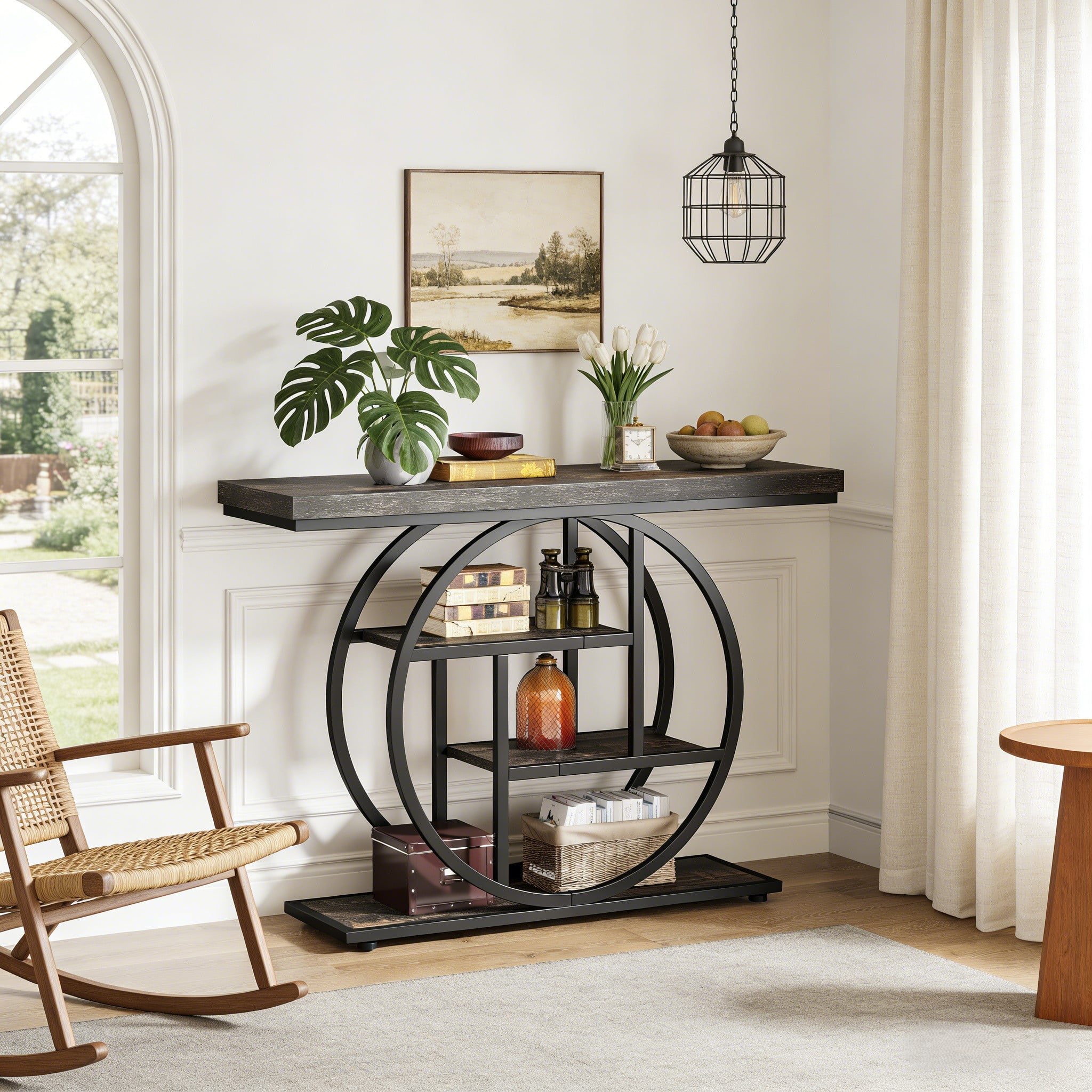 Fnova Console Table, Entryway Table with 4-Tier Storage Shelves, 42" Wood Modern Narrow Long Side Table, , Sofa Table, Accent Table for Living Room, Entryway, Hallway, Black