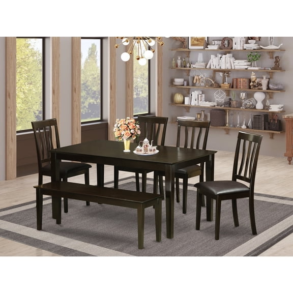 East West Furniture CAAN6-CAP-LC 6 Piece Dining Room Table With Bench Set- Dining Table With4 Dining Chairs and A Bench
