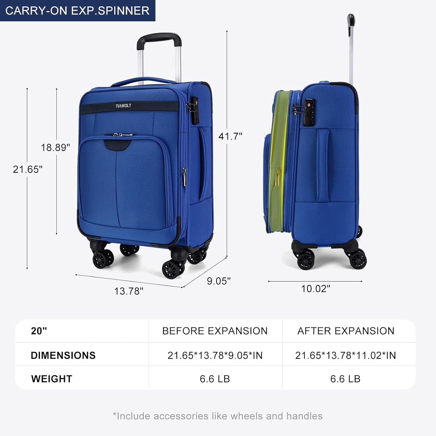 TIAWOLT Carry On Luggage 22x14x9 Airline Approved with Wheels Softside Expandable Luggage Suitcase with TSA Lock-Blue