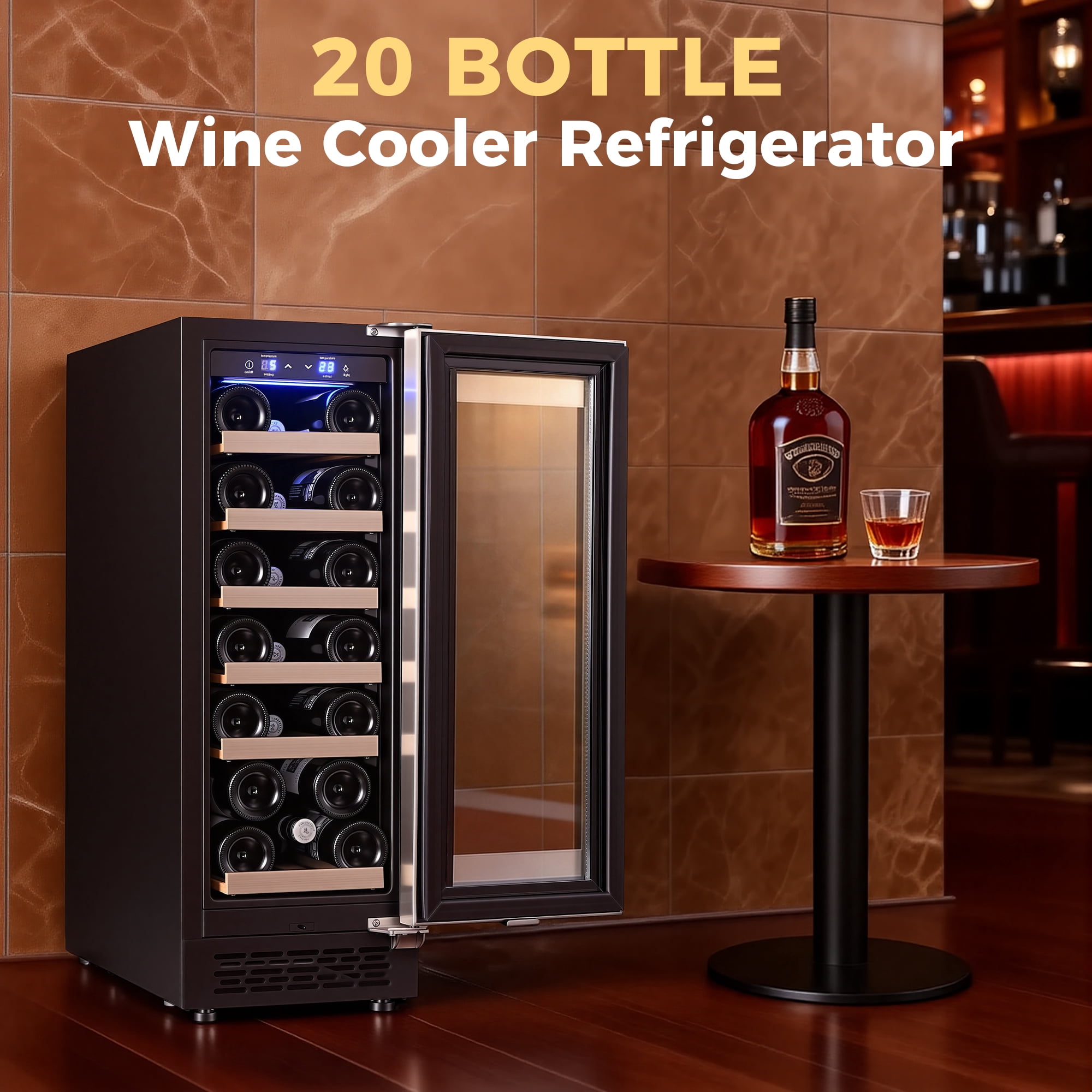 iceBlue 20-Bottle Wine & Drink Cooler, Home Use Beverage Refrigerator with Seamless Stainless Steel Door, Precise Digital Temperature Control (5-22°C), LED Screen & Internal Lighting