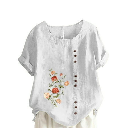 

Sentuca Womens Summer Tops Round Neck Loose Fit Casual Tops Print Short Sleeve Floral Corset Tops White 4XL