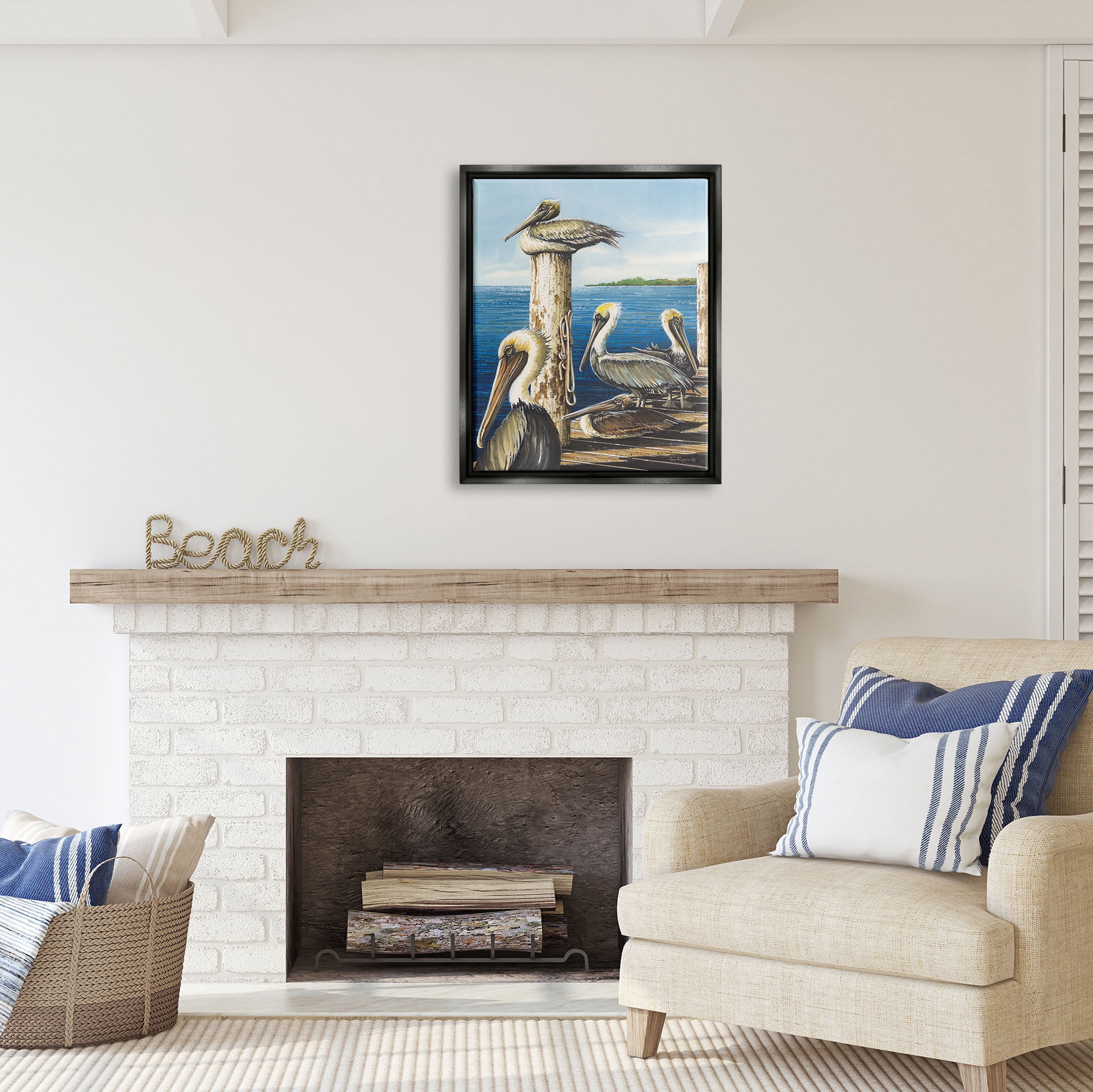 Stupell Industries Pelicans on Marine Dock Animals & Insects Painting Black Floater Framed Art Print Wall Art, 25 x 31