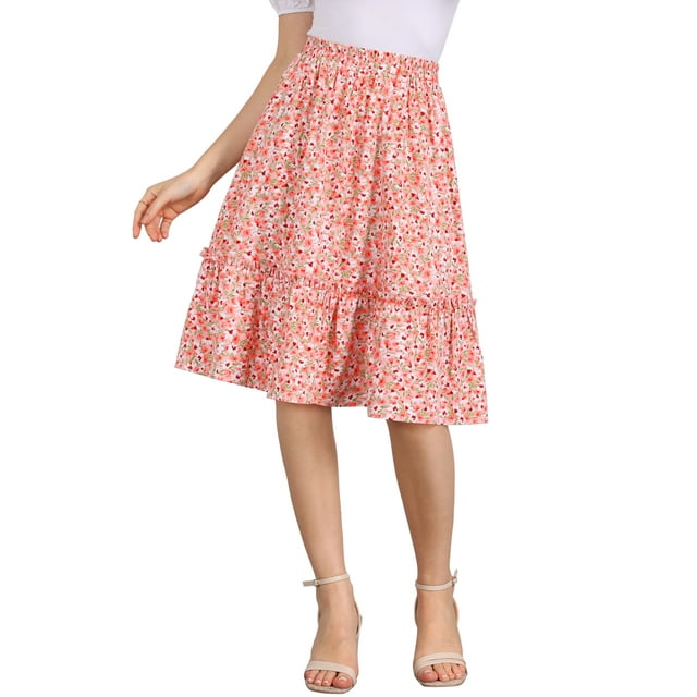 Faldas de mujer Inspire Chic con cintura elástica, en línea A, con volantes en capas y estampado floral, color rosa claro, talla M