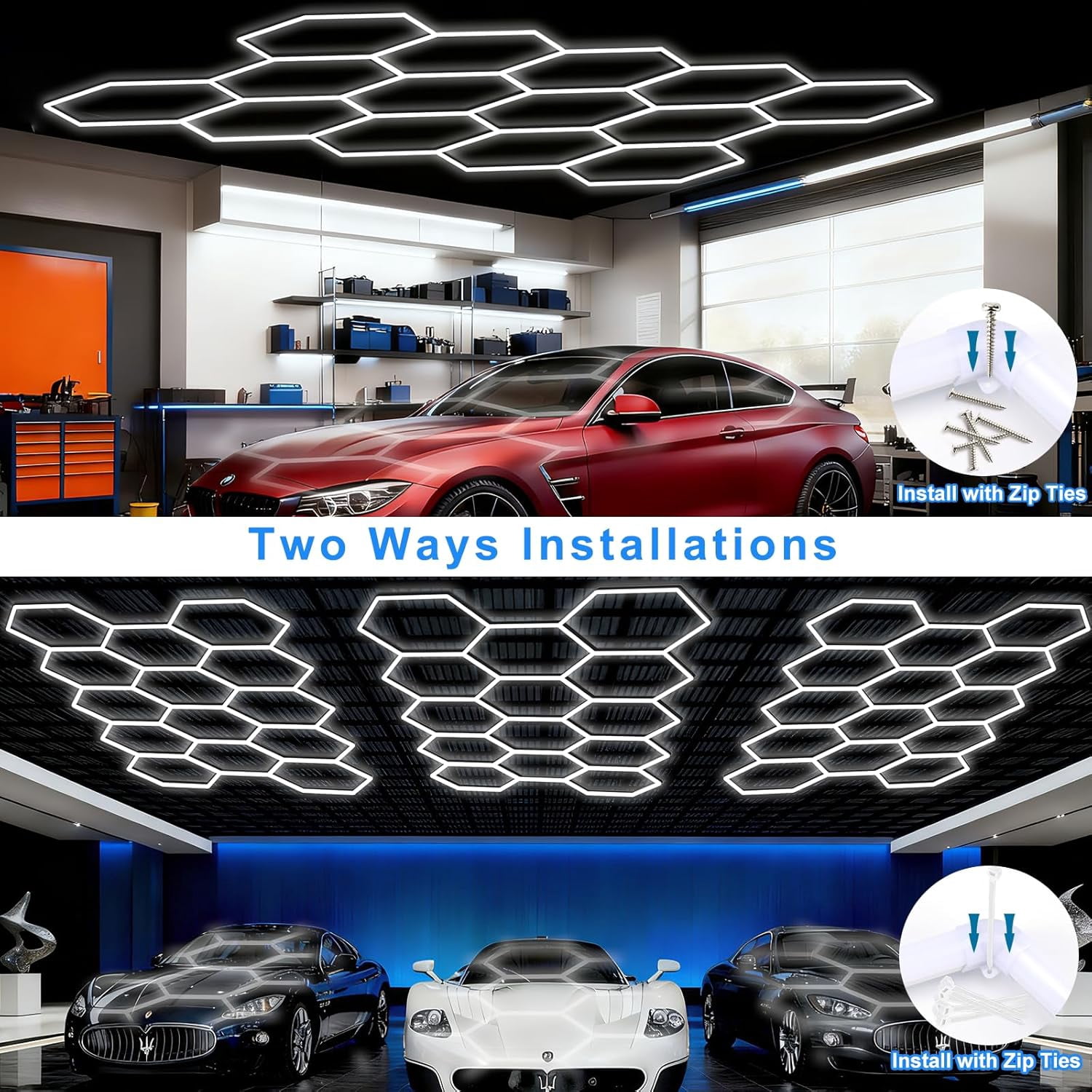 14 Hexagon LED Garage Light 6500K, 61560 Lumens, Honeycomb Design, 14-Grid System, Octagon Shop Light for Workshop, Gym, Warehouse & Car Wash