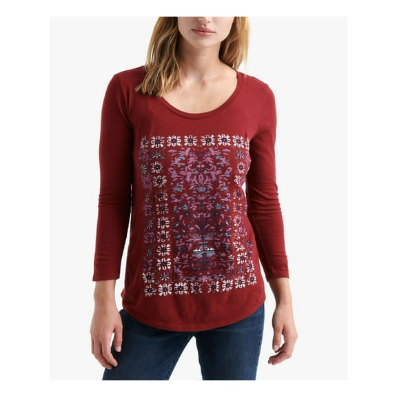 LUCKY BRAND Womens Maroon Printed Kimono Sleeve Top XS