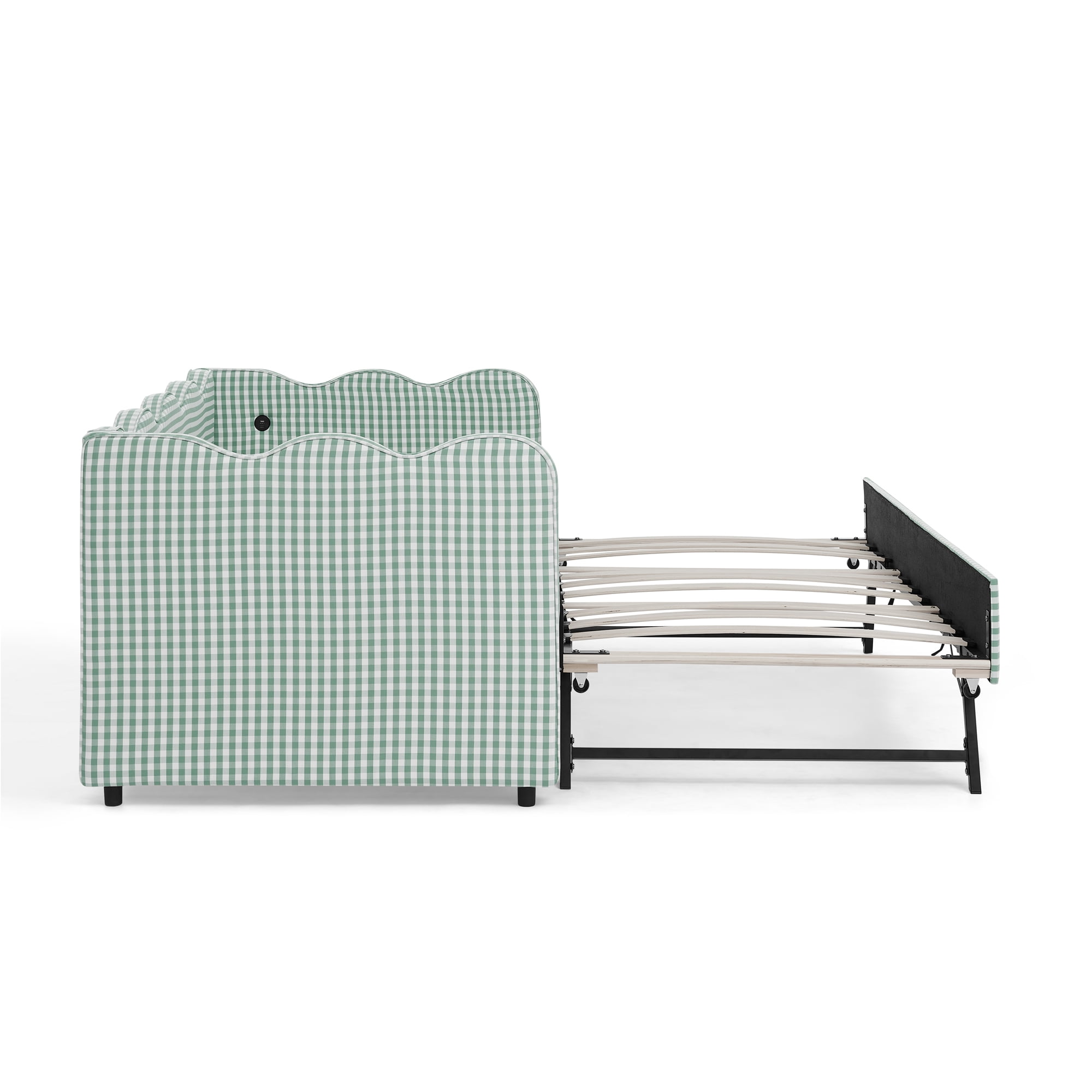 GARITIN Twin Size Daybed with Trundle, Gingham Sofa Bed with USB Port and Wavy Shape Headboard for Kids Room, Cyan