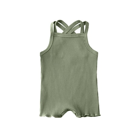 

Newborn Baby Girl Suspenders Romper Vertical Stripe Plain Rib Stitch Casual One Piece Jumpsuit Outwear