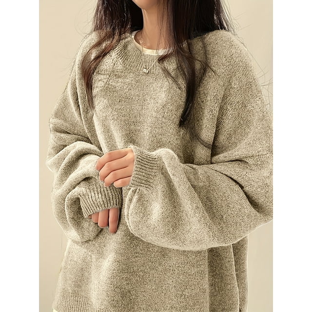 Cozy Women Crew Neck Pullover Sweater Relaxed Fit Dramatic Drop Shoulder & Split