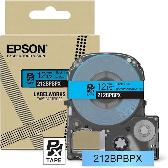 Epson LABELWORKS 212BPBPX - Black on Pearl Blue PET Label Maker Tape - 1/2" (12MM) Wide, 30'