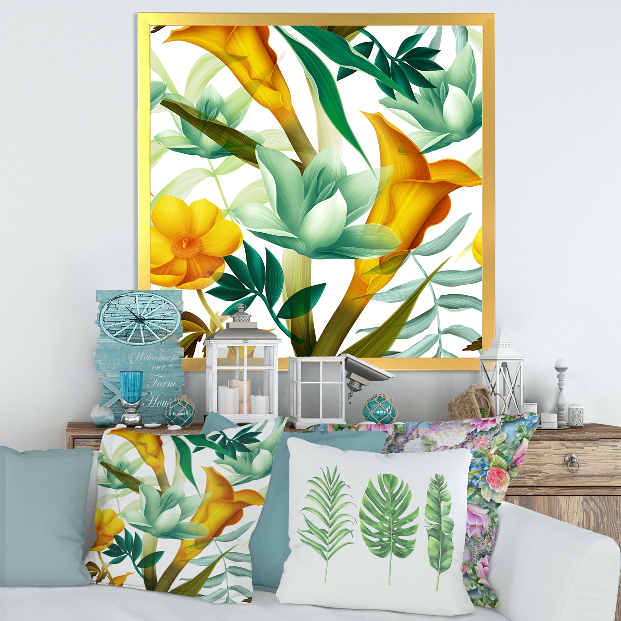 Designart 'Yellow Flowers and Tropical Foliage III' Modern Framed Art Print