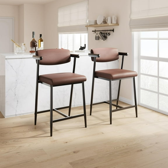 Ataucjin Counter Height Bar Stools Set of 2,26" Upholstered Bar Stools With Back and Arms,Modern Bar Stools Set,Kitchen Counter Stools with Footrest and Wide Seat,Bar Chairs for Kitchen Island