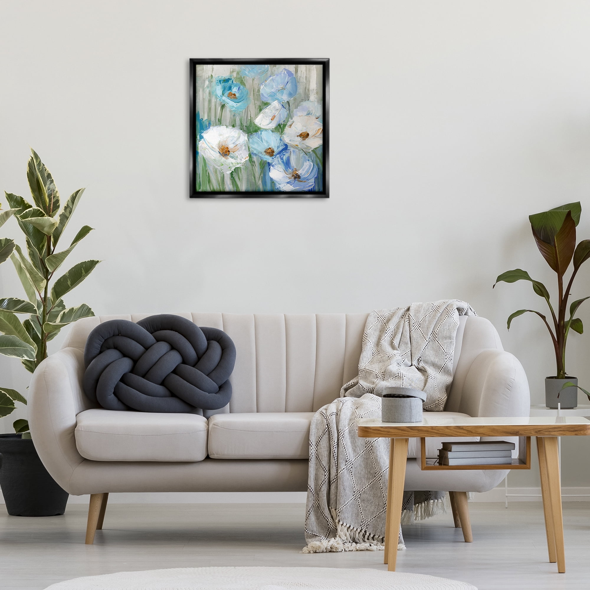 Stupell Industries Blue & White Poppies Plants & Flowers Painting Black Floater Framed Canvas Art Print Wall Art, 25 x 25