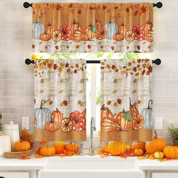 Fall Kitchen Window Curtains and Valances Set 36 Inch, Vintage Pumpkins Maple Leaves Orange Floral Short Tier Curtain for Cafe Living Room Bathroom, Autumn 3 Pieces Set Kitchen Decor
