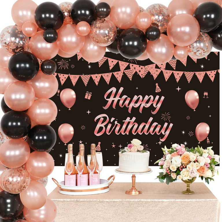 Black Gold Rose Graduation Adult Birthday Party Backdrop Balloons Set